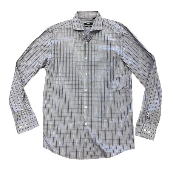 Hugo Boss mens Shirt 17 43 Slim Fit Burgundy Gray Plaid Check Button Down Cotton - Picture 1 of 5